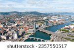 Aerial view on buildings and Lagan River in City center of Belfast Northern Ireland. Drone photo, high angle view of town