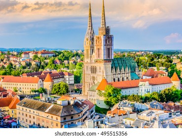 Aerial view on cathedral in Zagreb city, capital town of Croatia, european landmarks. / Zagreb cathedral aerial view. / Selective focus.