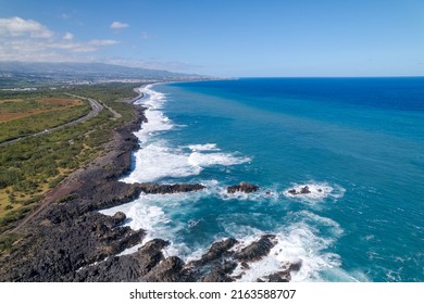 Aerial View On The Chasm At Etang-Salé In The South Of Reunion Island, With A Turquoise Sea And Its Corals