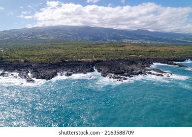 Aerial View On The Chasm At Etang-Salé In The South Of Reunion Island, With A Turquoise Sea And Its Corals