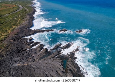 Aerial View On The Chasm At Etang-Salé In The South Of Reunion Island, With A Turquoise Sea And Its Corals