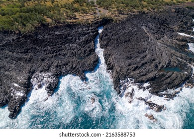 Aerial View On The Chasm At Etang-Salé In The South Of Reunion Island, With A Turquoise Sea And Its Corals