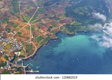aerial view on the cultivated land and on the suburbs urban along marine coast
