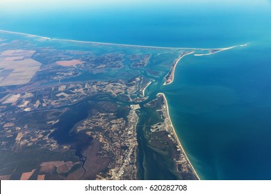 Aerial view on the eastern coast of Long Island. Robert Moses State Park on Fire Island. Typical landscape of islands and beaches. USA