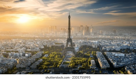 Aerial view on Eiffel Tower and district la Defense in Paris, France