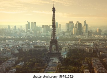 Aerial view on Eiffel Tower and district la Defense in Paris, France.