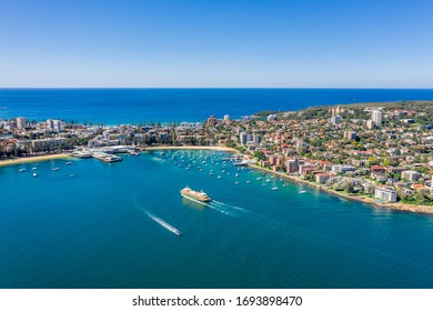 Aerial View On Famous Manly Wharf And Manly, Sydney, Australia. View On Sydney Harbourside Suburb From Above. Aerial View On Sydney North Harbour, Manly And Manly Wharf.