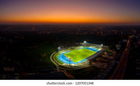 Aerial View On Football Stadium Illuminated By Jupiter On Evening.