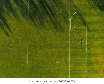 Aerial View On A Goal Posts To Practice Soccer, Football, Rugby And Irish National Sports Hurling And Comogie. Empty Field, Sunny Day.