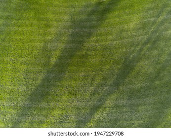 Aerial View On A Green Grass Football Or Soccer Field . Long Shadows On The Ground. Nobody. Training Pitch. Day Time