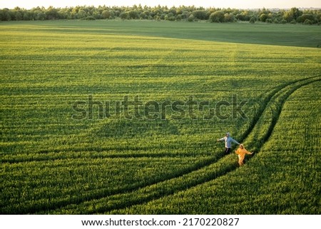 Aerial view on green wheat field with couple walking on pathway on sunset. People enjoy nature on farmland. Wide landscape with copy space
