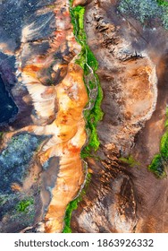 Aerial View On Iceland. Aerial Landscape Above Geysers Valley. Icelandic Landscape From Air. Famous Place. Travel Icelandic Image