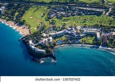 Aerial view on Kaanapali with beaches, resorts and golf courses.