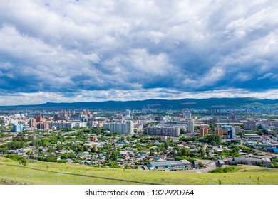 The Aerial View On Krasnoyarsk City From Chapel Hill, Russia. Summer Time In Siberia.