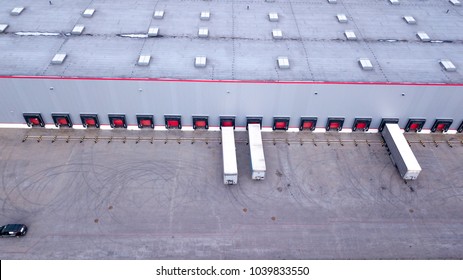 Aerial View On Loading Bays In Distribution Center. Aerial