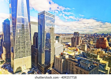Aerial view on Lower Manhattan in New York, USA and Jersey City, New Jersey, USA, on the background. East River separates New York and New Jersey.