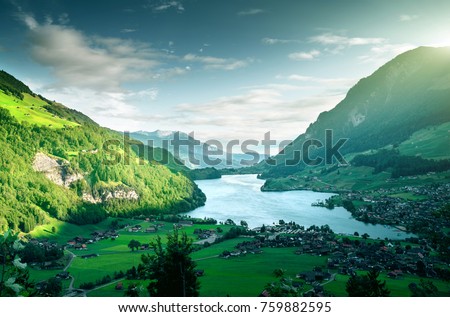 Aerial view on Lungernsee lake, Switzerland, Europe