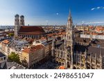 Aerial view on Marienplatz town hall and Frauenkirche in Munich, Germany