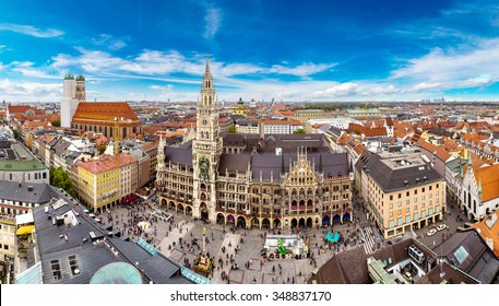 Aerial view on Marienplatz town hall and Frauenkirche in Munich, Germany - Shutterstock ID 348837170