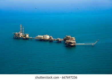 Aerial View On An  Oil Rig Platform In The Persian Gulf, Arabian Sea.