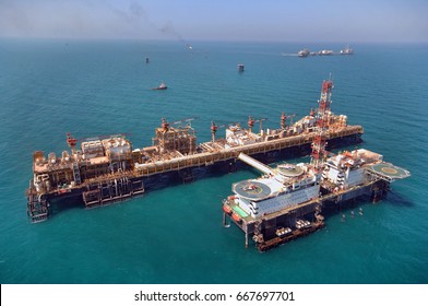  Aerial View On An Oil Rig Platform In The Persian Gulf. Arabian See.