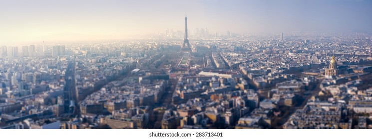 Aerial View on Paris, France with tilt-shift effect