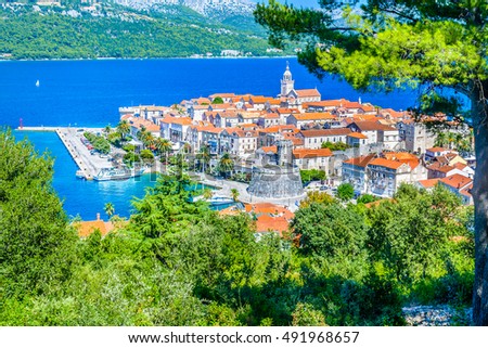Aerial view on picturesque old town Korcula, Island Korcula, Croatia Europe. / Korcula town aerial. / Selective focus.