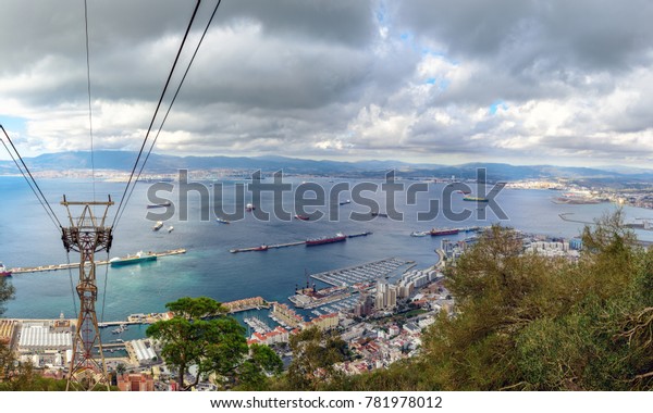 Aerial view on port port of Gibraltar from a\
funicular top station