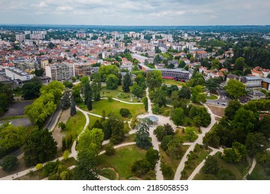 Aerial View On Public Park In European City, Cloudy Summer Day. Pau, France