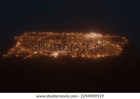 Aerial view on Puerto Rico from south. Top view on modern city at night from satellite