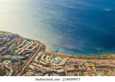 Aerial View On The Red Sea And Sharm El Sheikh City, Egypt. View From Airplane