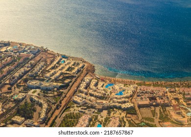 Aerial View On The Red Sea And Sharm El Sheikh City, Egypt. View From Airplane