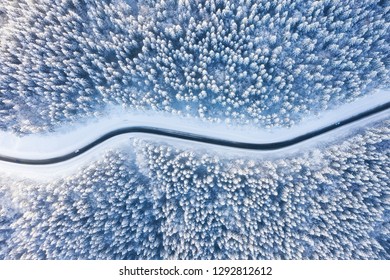 Aerial view on the road and forest at the winter time. Natural winter landscape from air. Forest under snow a the winter time. Landscape from drone