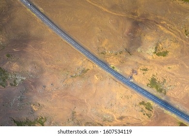 Aerial view on road in Iceland. Aerial landscape above highway. Icelandic landscape from air.Travel