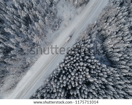 Aerial view on road in winter time, road surrounded with forest trees, car driving in winter time. Rural winter area