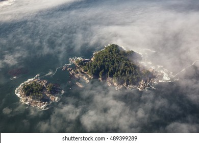 Aerial view on a rocky island near Tofino, Vancouver Island, British Columbia, Canada.