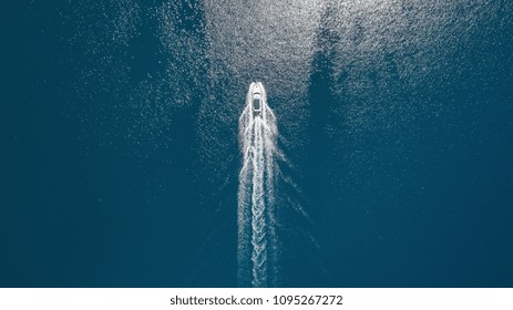 Aerial view on the sea and boat. Beautiful natural seascape at the summer time