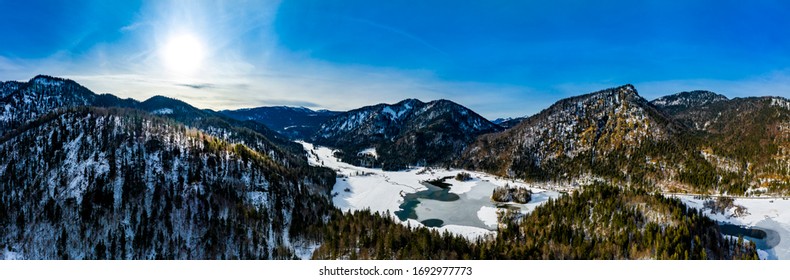 Aerial view on the snow-covered Weitsee and Lödensee, Reit im Winkl, Chiemgau, Bavaria, Germany
