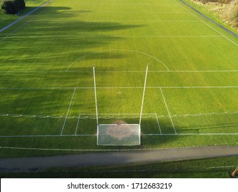 Aerial View On A Sport Training Field For Irish Sports With Goal Posts For Football Soccer, Rugby, Hurling And Camogie.