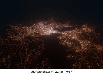 Aerial view on Tampere (Finland) from north. Top view on modern city at night from satellite