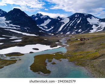 Aerial View On Tarfala Valley, Sweden. Summer Time, But Snow Is Still There. Great Place For Hiking.