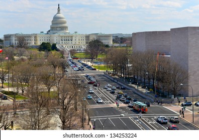 Aerial View On US Capitol And Pennsylvania Avenue In Washington DC, United States