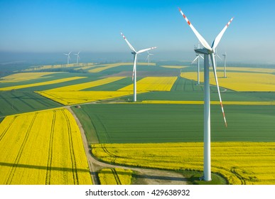 Aerial View On The Windmills On The Field