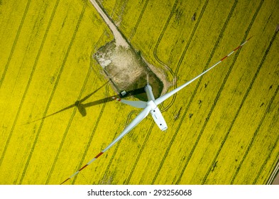 Aerial View On The Windmills On The Yellow Colza Field