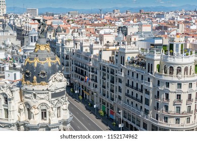 Aerial View Of One Of The Most Important Street In Madrid Downtown From Grand Via.