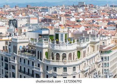 Aerial View Of One Of The Most Important Street In Madrid Downtown From Grand Via.