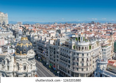 Aerial View Of One Of The Most Important Street In Madrid Downtown From Grand Via.