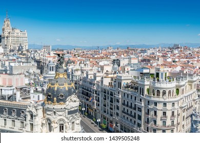 Aerial View Of One Of The Most Important Street In Madrid Downtown From Grand Via.