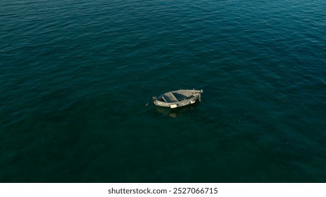 Aerial view of a one small fishing boat anchored in the middle of the sea. The boat is empty and lonely. - Powered by Shutterstock