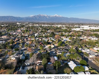 Aerial view of Ontario city in California with mountains in the background, California, USA